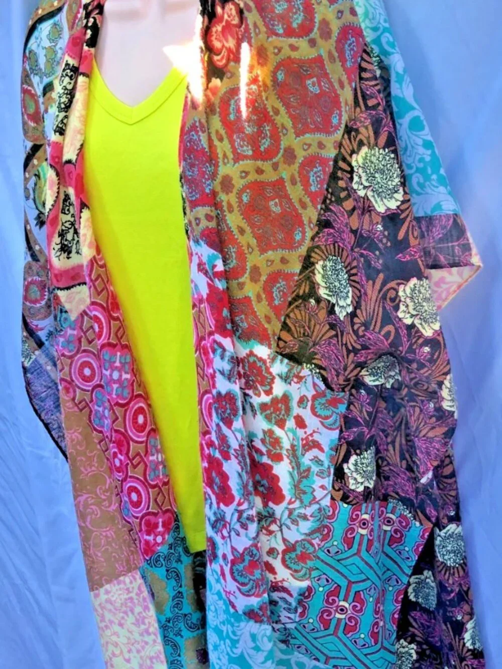 Unbranded Boho Patchwork Kimono Scarf Wrap Ruana Burgundy Teal One Size